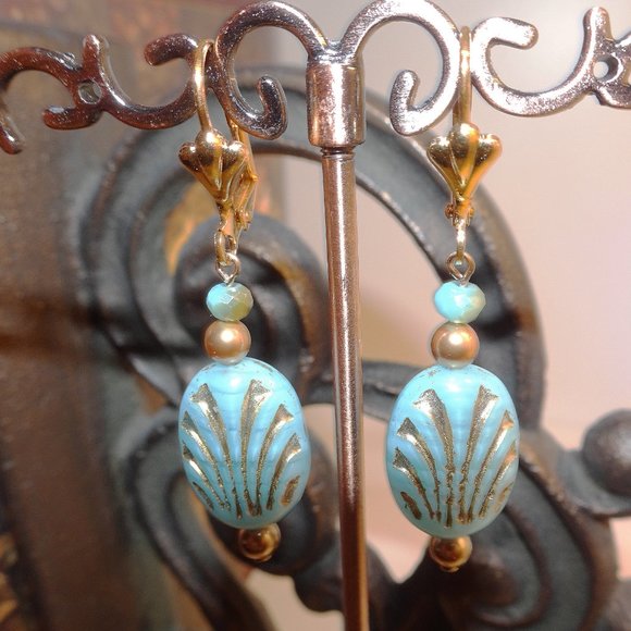 Earrings in aqua and gold art deco fan design - Picture 6 of 6